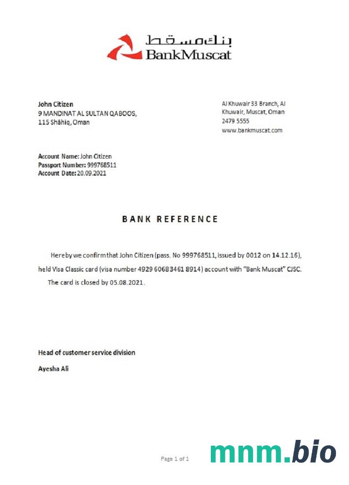 Przykład odniesienia zamknięcia Oman Muscat w formatach Word i PDF